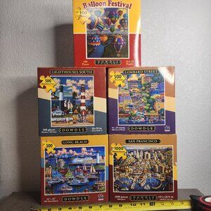 Lot of 5 Puzzle Varied Piece Count Balloon Lighthouse Lombard Long Beach SF Used